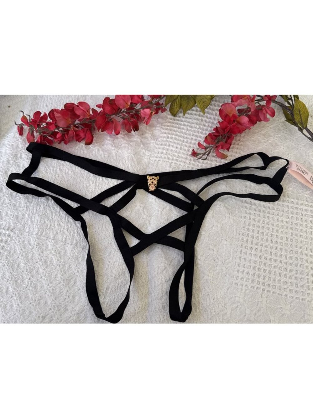VICTORIA'S SECRET L BLACK OPEN CROTCHLESS THONG PANTIES LEOPARD CHARM STRAPS NWT